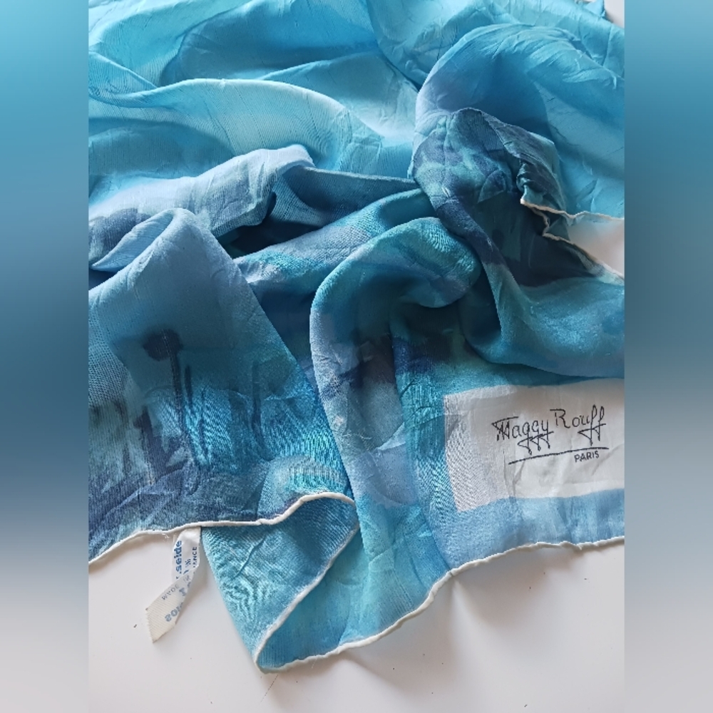 Vintage Maggy Rouff Paris Blue Silk Scarf 27" x 30"